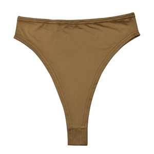 Detailed flat lay of brown high-waisted mesh dress fabric with neat double stitching