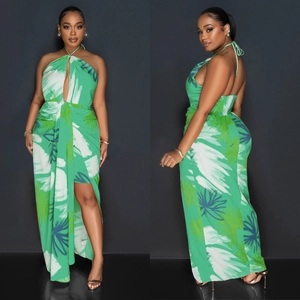 Women's tropical green palm leaf print halter maxi dress with backless side slit design