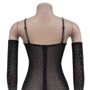 Detailed back view of black mesh bodysuit featuring rhinestones and matching arm sleeves