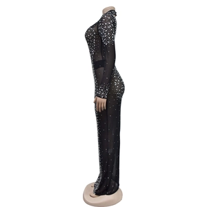 Detail of sheer mesh dress with sparkling silver rhinestones in a wave pattern