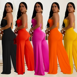 Multi-color options of strapless backless jumpsuits with flowing wide leg design