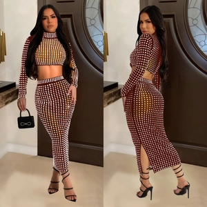Women's 2-piece dark brown mesh set with rhinestones, long sleeve crop top and slit maxi skirt
