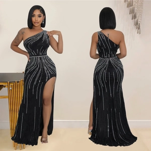 Women Sexy One Shoulder Rhinestone Maxi Dress High Slit Elegant Bodycon Evening Gown For Wedding Party Sleeveless Dress
