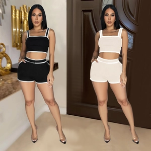 Women Contrast Piping Two Piece Shorts Set Sexy Back Zipper Camisole Top And Slim Fit High Waist Shorts Casual Summer Outfit