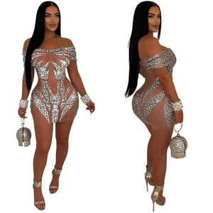 Détail de la robe moulante transparente avec strass argentés et sac de soirée sphérique