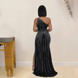 Elegant black one-shoulder evening dress with silver rhinestones and high side slit