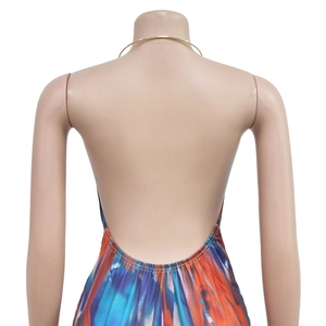 Detail of backless jumpsuit featuring colorful gradient print and gold metal neck collar