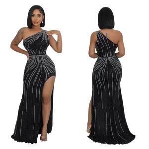Elegant black one-shoulder long evening dress with silver rhinestone sunburst pattern