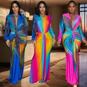 Robe Longue Élégante Femme Col en V Manches Longues Plissée Imprimé Floral Abstrait Taille Haute Slim Fit Fête Banquet
