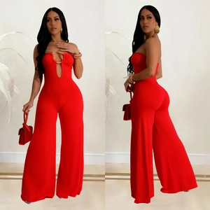Elegant red tube top jumpsuit with gold snake buckle and wide-leg trousers for women