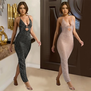 Vestito Lungo Maxi Aderente con Scollo a V e Strass da Donna Elegante Senza Schienale con Spacco per Festa e Banchetto