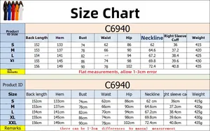 Detailed size chart for evening dress C6940 including measurements for S to XXL sizes