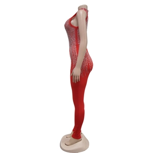 Close-up of red sleeveless jumpsuit with vertical rhinestone fringe and mesh details