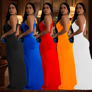 Detail view of five different colors for this elegant one-shoulder bodycon evening maxi dress