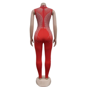 Detailed back view of red mesh jumpsuit featuring sparkling silver rhinestones and high neck