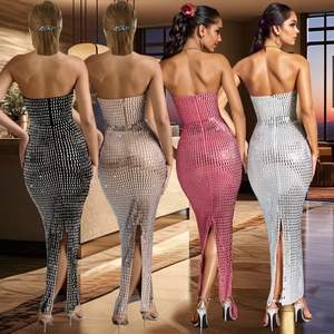 Sparkling sleeveless bodycon maxi dress with rhinestones and back slit in four colors