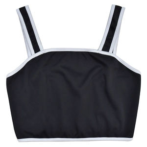 Detail shot of a black sporty crop top with white contrast binding and wide straps