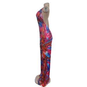 Side view of halter neck backless jumpsuit with colorful abstract oil painting print
