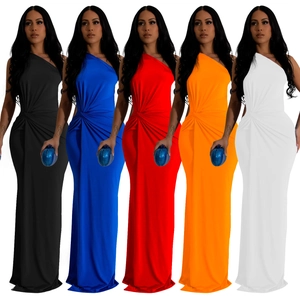 Detail view of one-shoulder evening dress featuring side ruching and slim fit floor-length cut