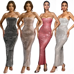 Elegant strapless bodycon mermaid maxi dress with sparkling sequins in four chic colors