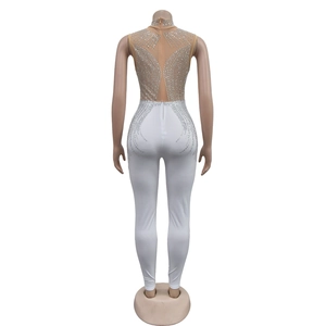 Macro detail of the back view of white mesh jumpsuit with silver rhinestone patterns