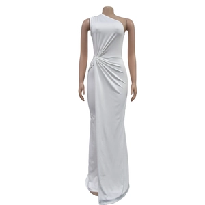 Detailed view of white one-shoulder evening dress with ruched waist and mermaid hem
