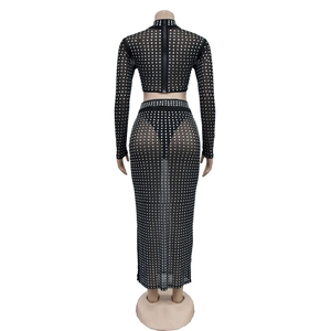 Detail of the back view of mesh two-piece set featuring silver rhinestones and a zipper