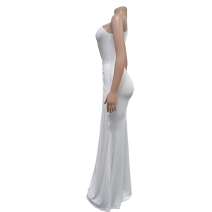Side view detail of a white sleeveless form-fitting evening maxi dress on a mannequin