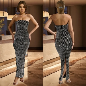 Elegant slim fit strapless long dress with black and white sequins and back slit detail