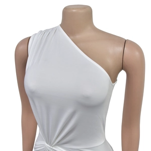 Detail view of white one-shoulder dress featuring elegant side knots and draped fabric folds