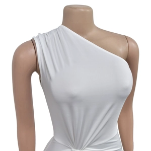 Detail of white one-shoulder slim dress featuring pleated shoulder design on a mannequin