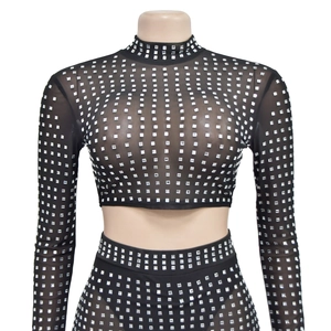 Detail of silver square rhinestones on black mesh two-piece set for women