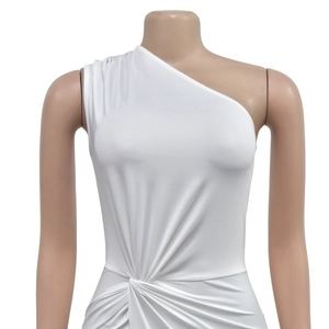 Detailed view of white one-shoulder evening dress with elegant waist twist and ruched design