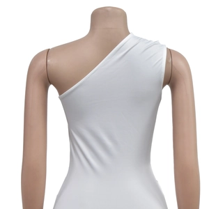 Detailed back view of white one-shoulder evening dress on a professional mannequin