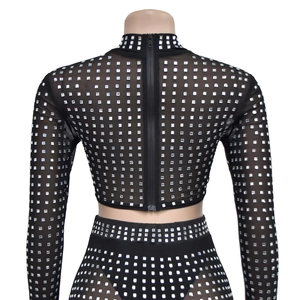 Detail view of back zipper on sheer mesh two-piece set with silver rhinestones