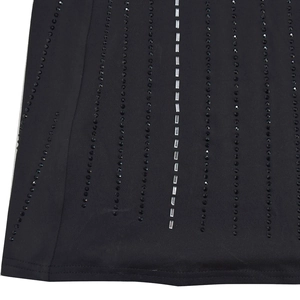 Detail shot of black dress fabric with vertical rows of sparkling rhinestones and crystals