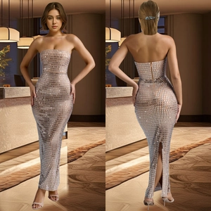 Elegant silver sequined tube maxi dress with slim fit design and back slit for women