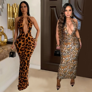 Robe Maxi Sexy Imprimé Léopard pour Femmes Dos Nu Col en V Profond Moulante Bodycon Robe Longue de Soirée Tenue de Boîte de Nuit