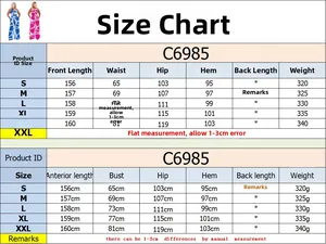 Detailed size chart for women's printed sleeveless V-neck jumpsuit showing S to XXL