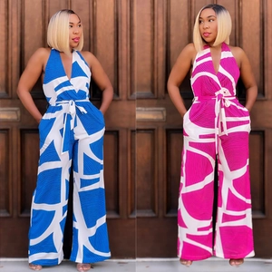 Women Elegant Halter V Neck Jumpsuit Geometric Print Sleeveless Backless Wide Leg Romper With Belt For Summer Vacation Party