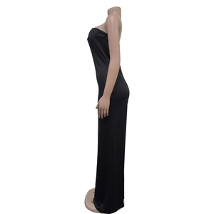 Side view of elegant black strapless floor-length evening dress with smooth silky texture