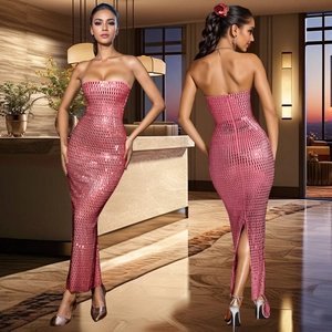 Detail view of pink bodycon maxi dress featuring sparkling geometric sequin textures