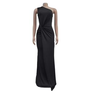 Detail of the elegant waist knot and pleated texture on this black one-shoulder dress