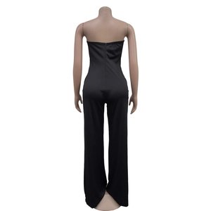 Back view of black strapless jumpsuit featuring a hidden zipper and wide leg design