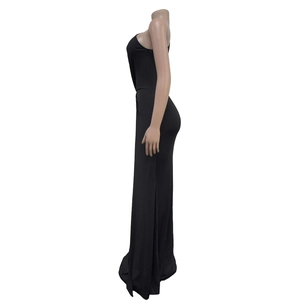 Detailed side view of black slim fit one-shoulder maxi evening dress with side slit detail
