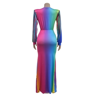 Détail du dos de la robe longue moulante avec dégradé arc-en-ciel et tissu plissé