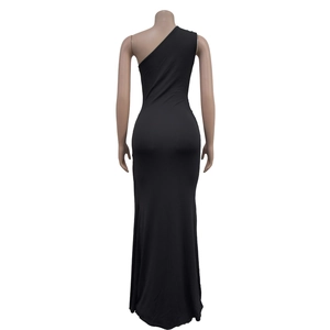Detailed back view of a black one-shoulder slim fit formal evening gown with floor length