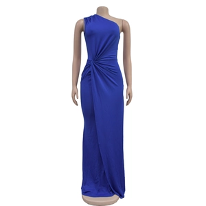 Detail view of royal blue one-shoulder maxi dress with ruched waist and fitted silhouette