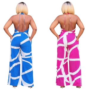 Women's backless halter wide leg jumpsuit with geometric print in blue and pink