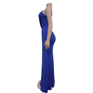 Detail of royal blue bodycon evening dress showing slim fit silhouette and sleek fabric